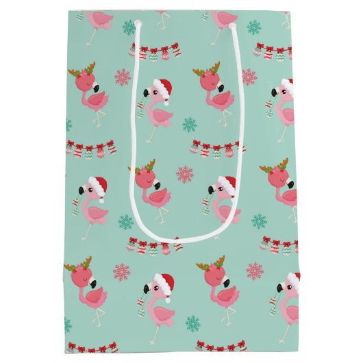 かわいいメリークリスマスフラミンゴスノーフレーク ミディアムペーパーバッグ (裏面)