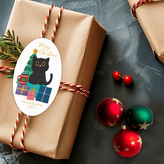 かわいいメリークリスマスブラックキャットクリスマスツリー 楕円形シール