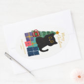 かわいいメリークリスマスブラックキャットクリスマスツリー 楕円形シール (封筒)