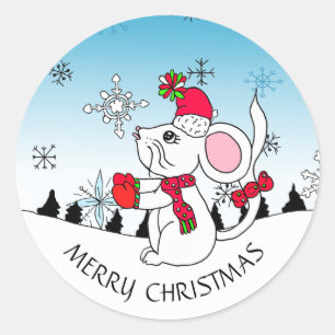 かわいいメリークリスマスマウスの雪片 ラウンドシール