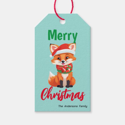 かわいいメリークリスマスレッドキツネサンタスカーフの休日 ギフトタグ (正面)