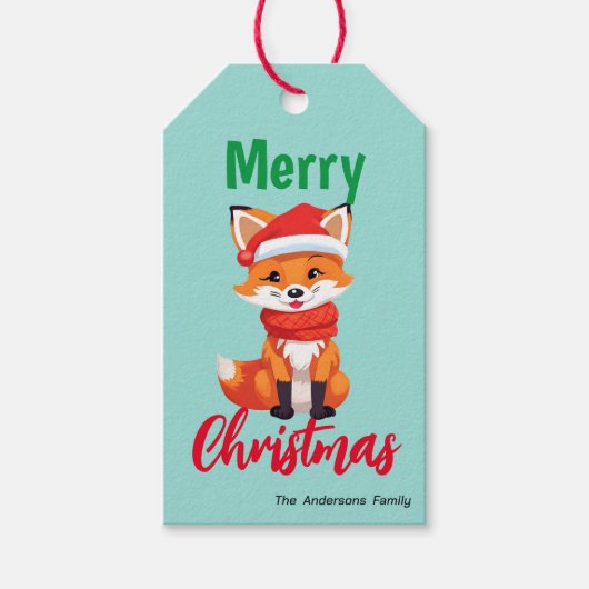 かわいいメリークリスマスレッドキツネサンタスカーフの休日 ギフトタグ (正面)