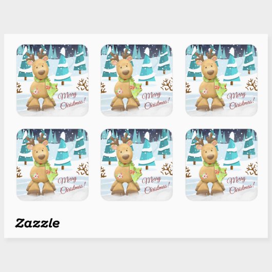 かわいいメリークリスマス冬の漫画トナカイ スクエアシール (シート)