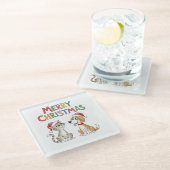 かわいいメリークリスマス猫とサンタハットを飼った犬 ガラスコースター (アングル)