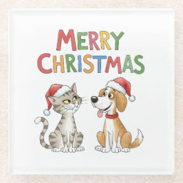 かわいいメリークリスマス猫とサンタハットを飼った犬 ガラスコースター