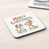 かわいいメリークリスマス猫とサンタハットを飼った犬 コースター (左側)