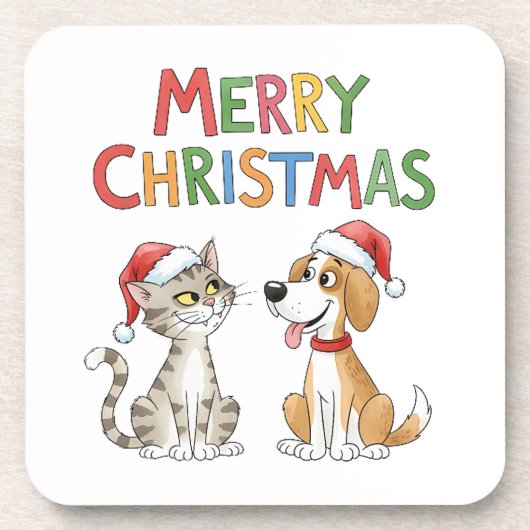 かわいいメリークリスマス猫とサンタハットを飼った犬 コースター (正面)