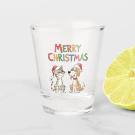 かわいいメリークリスマス猫とサンタハットを飼った犬 ショットグラス