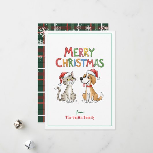 かわいいメリークリスマス猫とサンタハットを飼った犬 シーズンカード (正面/裏面インサイチュ)