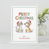 かわいいメリークリスマス猫とサンタハットを飼った犬 シーズンカード (スタンド正面)