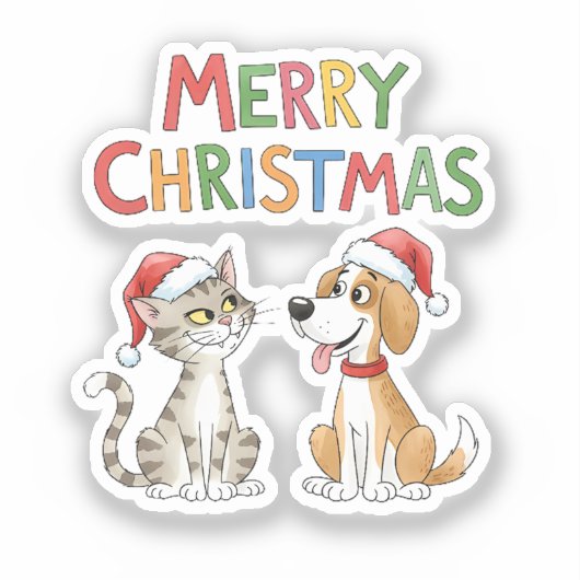 かわいいメリークリスマス猫とサンタハットを飼った犬 シール (正面)