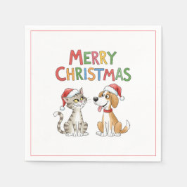 かわいいメリークリスマス猫とサンタハットを飼った犬 スタンダードカクテルナプキン