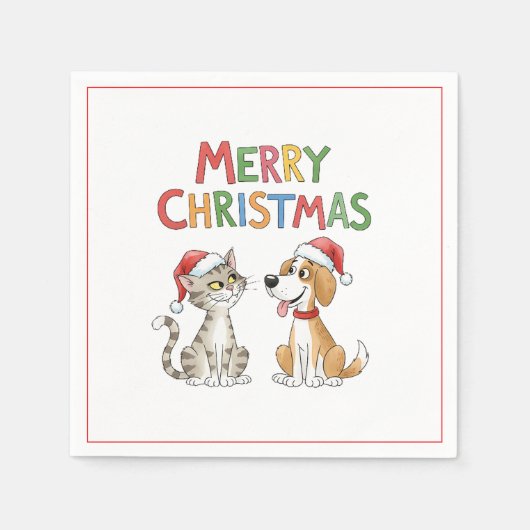 かわいいメリークリスマス猫とサンタハットを飼った犬 スタンダードカクテルナプキン (正面)