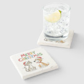 かわいいメリークリスマス猫とサンタハットを飼った犬 ストーンコースター (横)