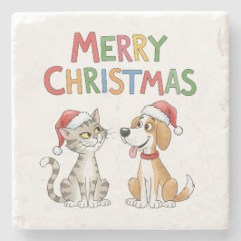 かわいいメリークリスマス猫とサンタハットを飼った犬 ストーンコースター