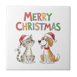 かわいいメリークリスマス猫とサンタハットを飼った犬 タイル