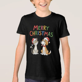 かわいいメリークリスマス猫とサンタハットを飼った犬 トライブレンドＴシャツ