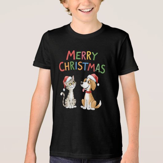 かわいいメリークリスマス猫とサンタハットを飼った犬 トライブレンドＴシャツ (正面)