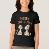 かわいいメリークリスマス猫とサンタハットを飼った犬 トライブレンドＴシャツ (正面)