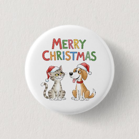 かわいいメリークリスマス猫とサンタハットを飼った犬 缶バッジ (正面)