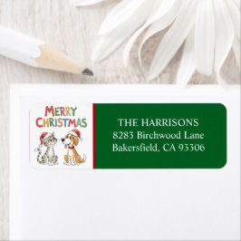 かわいいメリークリスマス猫と犬の差出人住所 ラベル