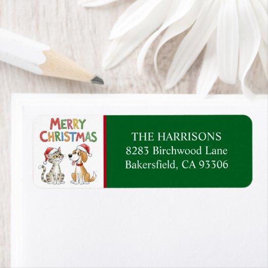 かわいいメリークリスマス猫と犬の差出人住所 ラベル (インサイチュ)