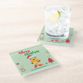 かわいいメリークリスマス金ゴールドフィッシュサンタスカーフ休日 ガラスコースター (アングル)