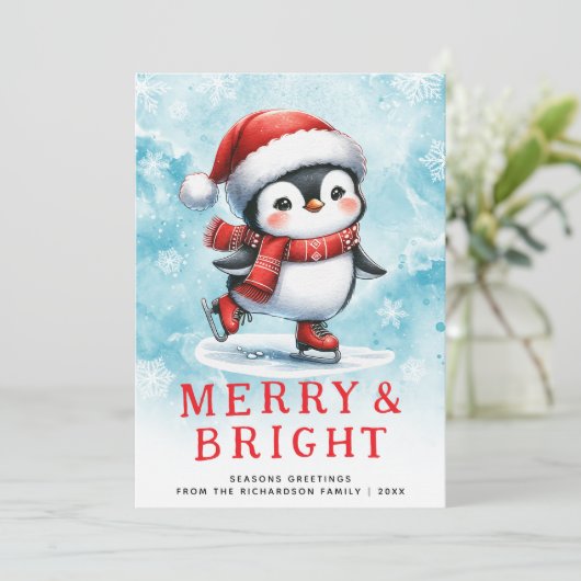 かわいいメリークリスマス&ブライトアイススケートで滑るペンギン シーズンカード (スタンド正面)