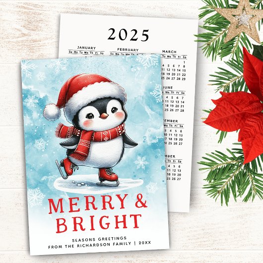 かわいいメリークリスマス&ブライトアイススケートで滑るペンギン シーズンカード