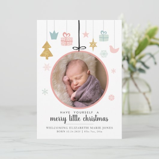 かわいいメリー小さなクリスマス装飾写真誕生 案内状 (スタンド正面)