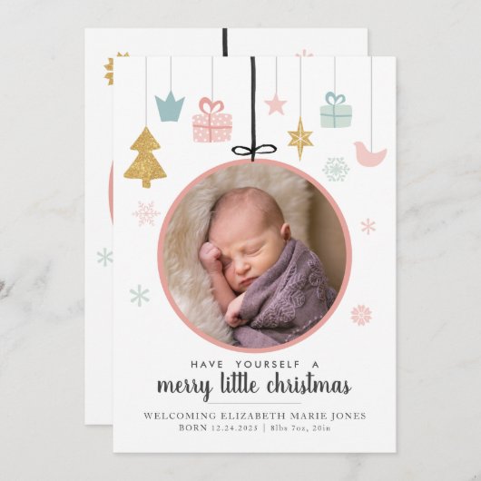 かわいいメリー小さなクリスマス装飾写真誕生 案内状 (正面/裏面)