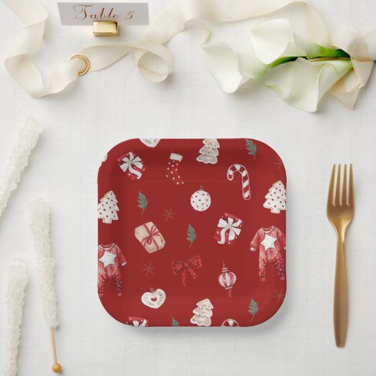 かわいいメリー小さな赤い冬のクリスマスベビーシャワー ペーパープレート (ウェディング)