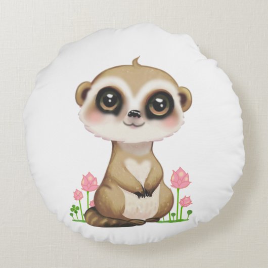 かわいいメルカットと花オンホワイト ラウンドクッション (裏面)