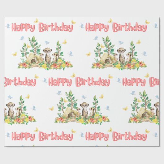 かわいいメルカット子ども動物光沢ハッピーバースデー ラッピングペーパー (フラット)