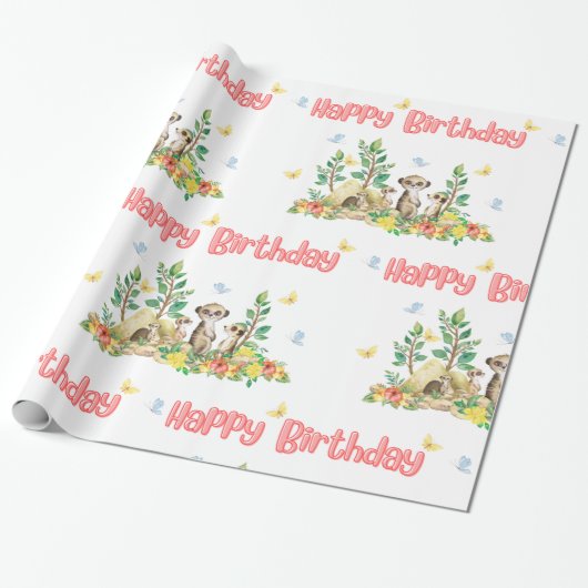 かわいいメルカット子ども動物光沢ハッピーバースデー ラッピングペーパー (アンロールド)