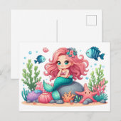 かわいいメルヘンな人魚と魚の友達のシーン ポストカード (正面/裏面)