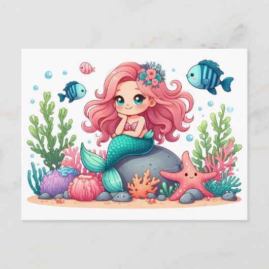 かわいいメルヘンな人魚と魚の友達のシーン ポストカード (正面)