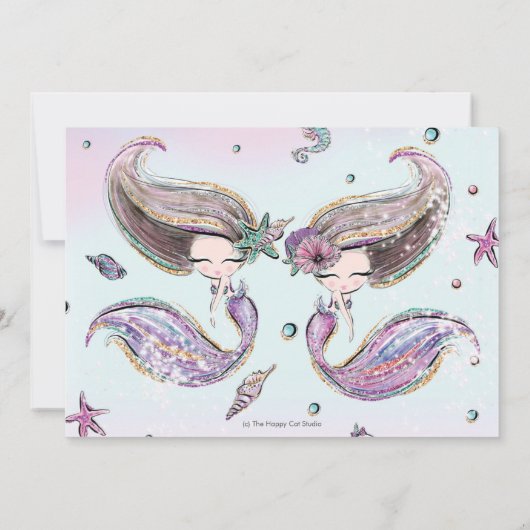 かわいいメルメイドツインズシスターバースデーパーティーの写真 招待状 (裏面)