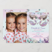 かわいいメルメイドツインズシスターバースデーパーティーの写真 招待状 (正面/裏面)