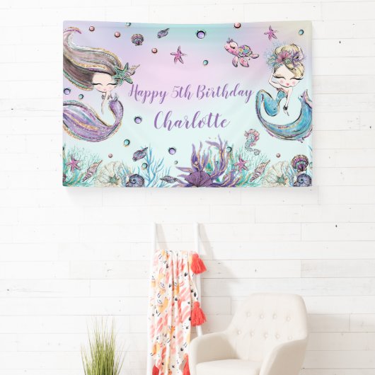 かわいいメルメイド誕生日プールパーティー背景へようこそ 横断幕 (インサイチュ)