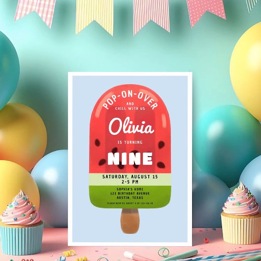 かわいいメロンポップスリーブの女の子9歳の誕生日 招待状