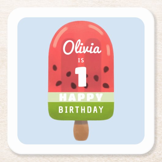 かわいいメロンポップ 1歳の誕生日 スクエアペーパーコースター (正面)