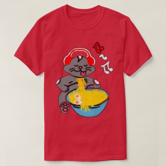 かわいいメンズミュージックヘッドフォンつきキティ猫ラーメン Tシャツ (デザイン正面)