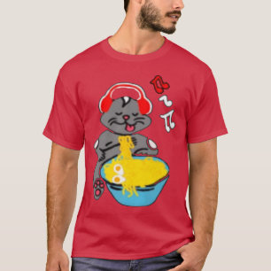 かわいいメンズミュージックヘッドフォンつきキティ猫ラーメン Tシャツ