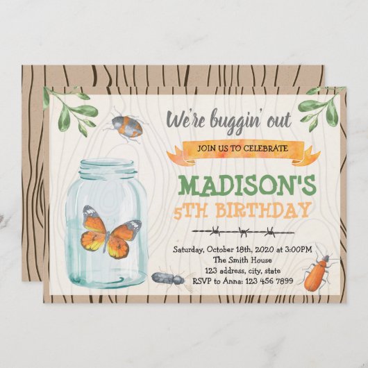 かわいいメーソンジャーの虫のパーティの招待状 招待状 (正面/裏面)