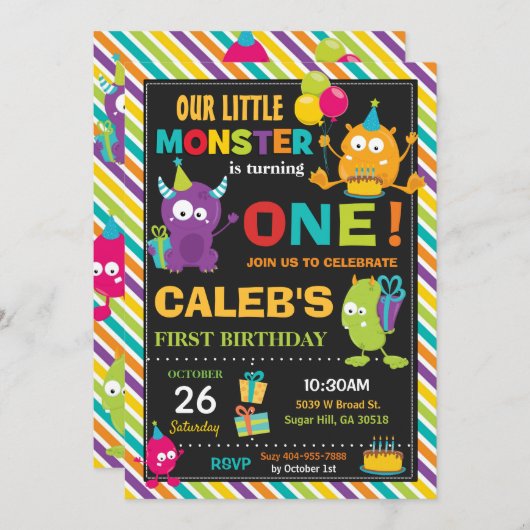 かわいいモカラフルンスター1歳の誕生日パーティー鮮やか 招待状 (正面/裏面)