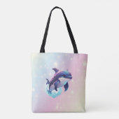 かわいいモダンかわいいオルカキラーホエールピンクとブルー トートバッグ (裏面)