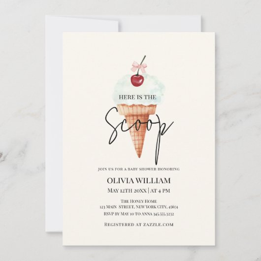 かわいいモダンさくらんぼスコップアイスクリームベビーシャワー 招待状 (正面)