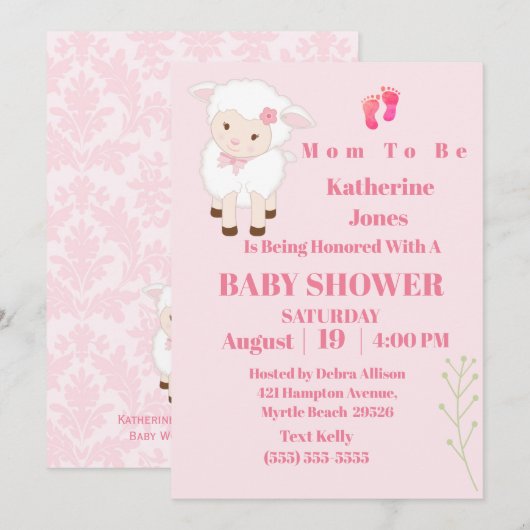 かわいいモダンなひつじの赤ちゃんの女の子 招待状 (正面/裏面)