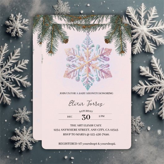 かわいいモダンな冬の雪の結晶 赤ちゃんのおしゃれなシャワー 招待状